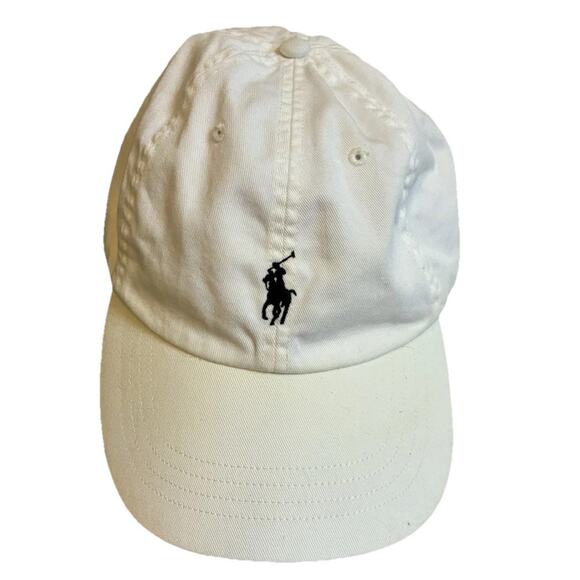 Vintage 90s Polo Ralph Lauren Hat WHITE Blue Pony Logo Leather Strap Preppy READ - Picture 1 of 14